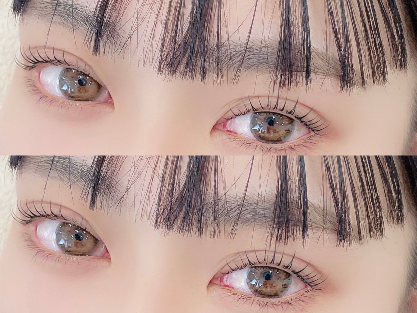 まつげパーマの施術前（上）と施術後（下）の比較