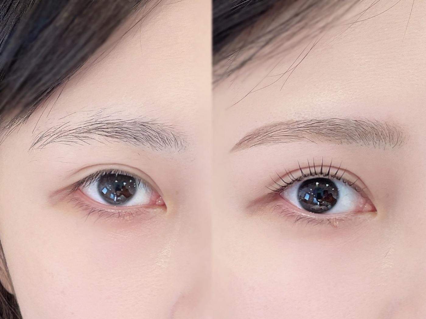 眉毛とまつげパーマの施術前（左）と施術後（右）の比較